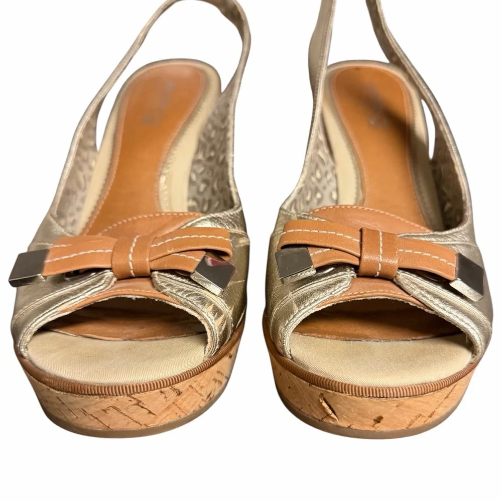 Sperry Metallic Gold Wedge Open Toe Slingbacks -‎ Size 8